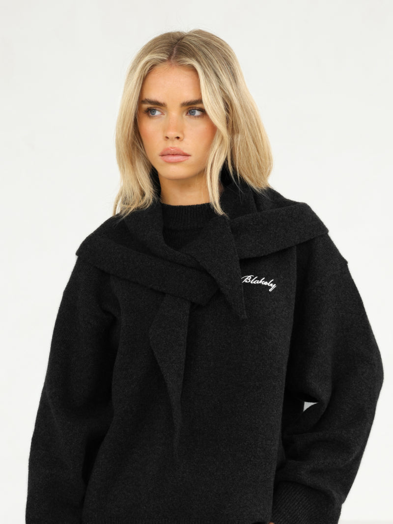 Label Knitted Triangle Scarf - Black