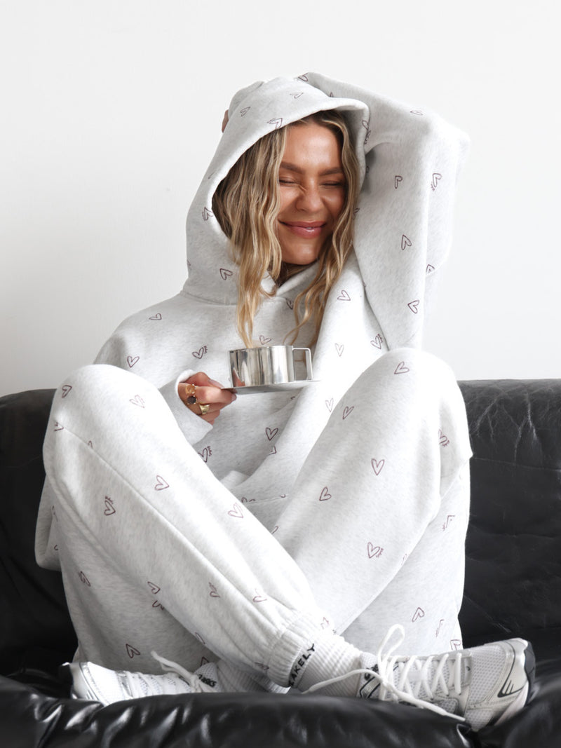 Rhea Heart Print Cuffed Sweatpants - Marl White