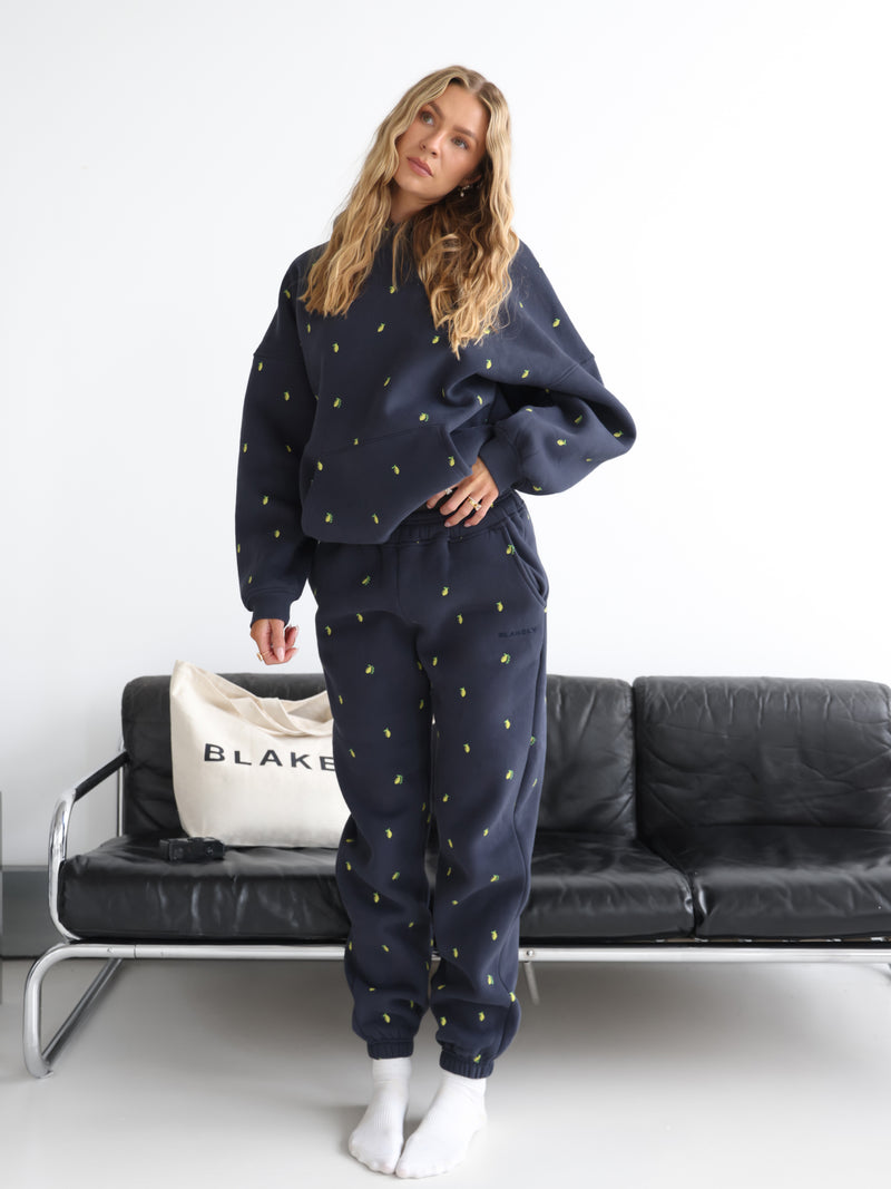 Rhea Lemon Print Oversized Hoodie - True Navy
