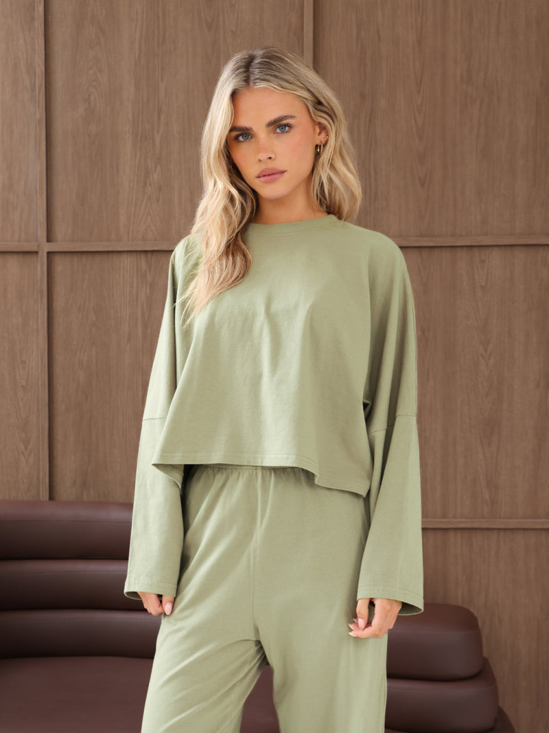 Ayla Cotton Wide Leg Trousers - Warm Green
