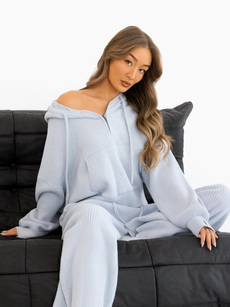 Zoey Ribbed 1/4 Zip Hoodie - Baby Blue