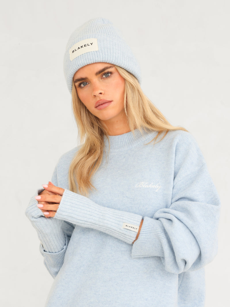 Label Knitted Wrist Warmers - Baby Blue