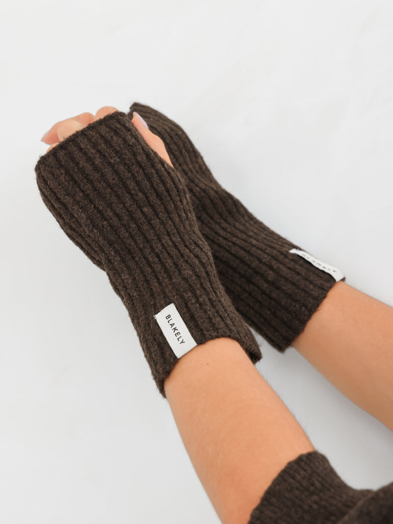 Label Knitted Wrist Warmers - Chocolate Brown