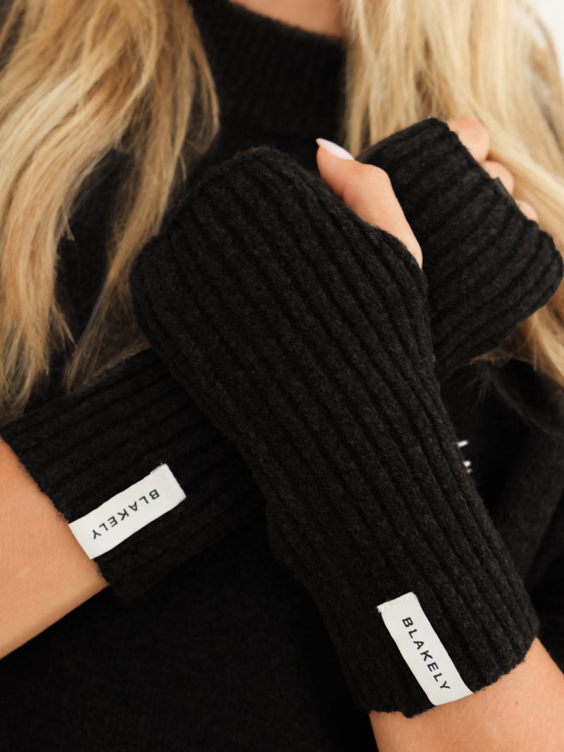 Label Knitted Wrist Warmers - Black