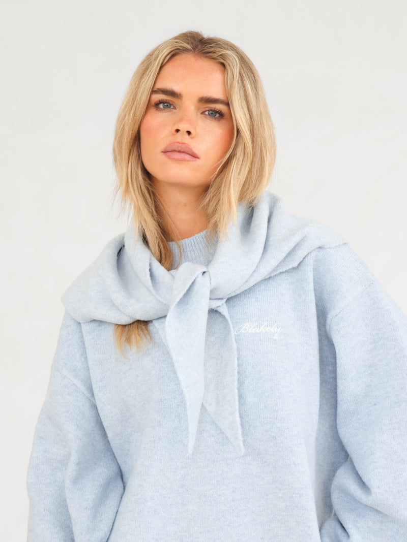 Label Knitted Triangle Scarf - Baby Blue