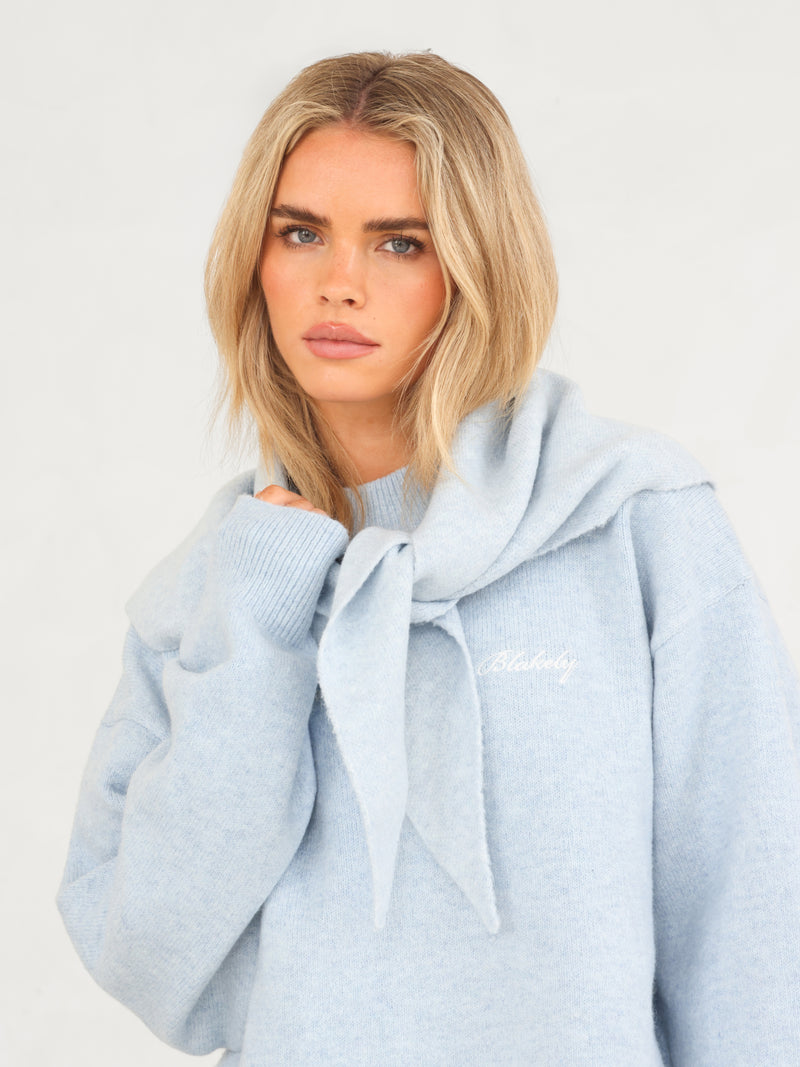 Label Knitted Triangle Scarf - Baby Blue