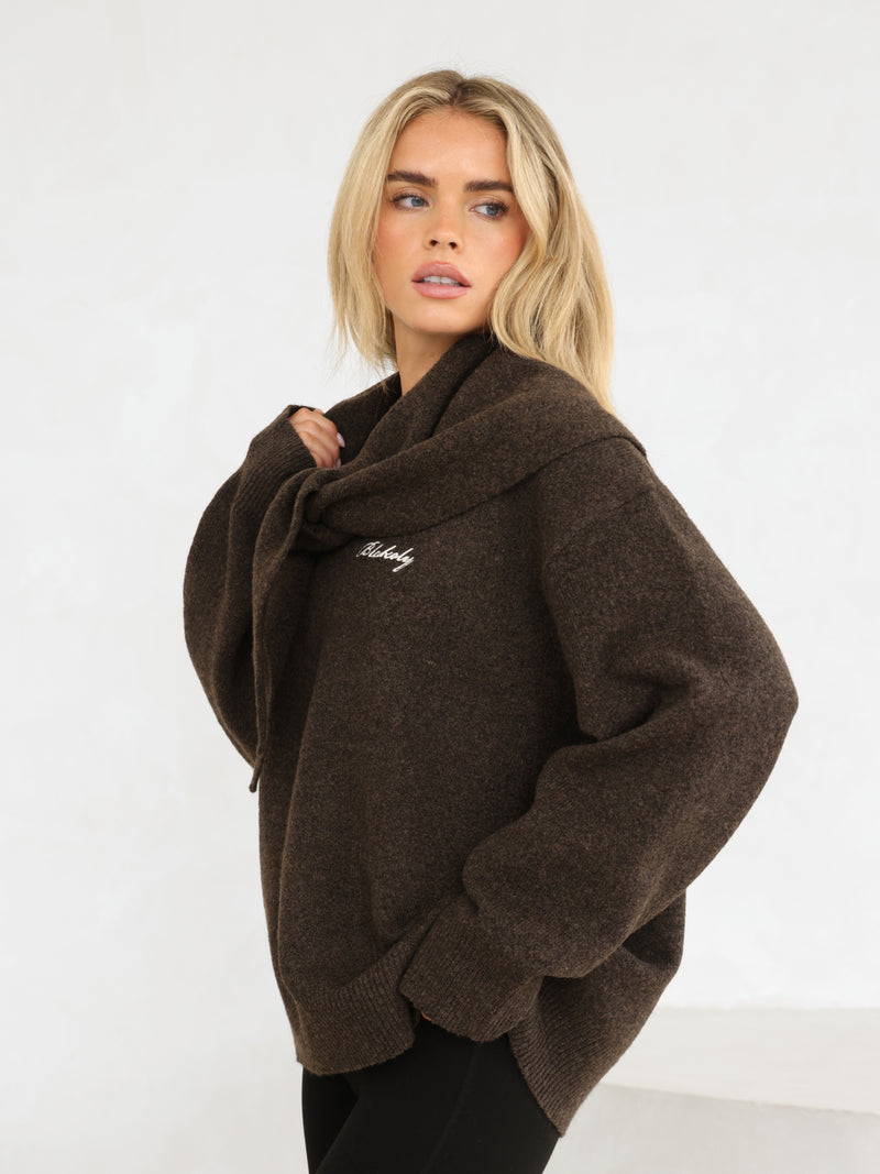 Label Knitted Triangle Scarf - Chocolate Brown