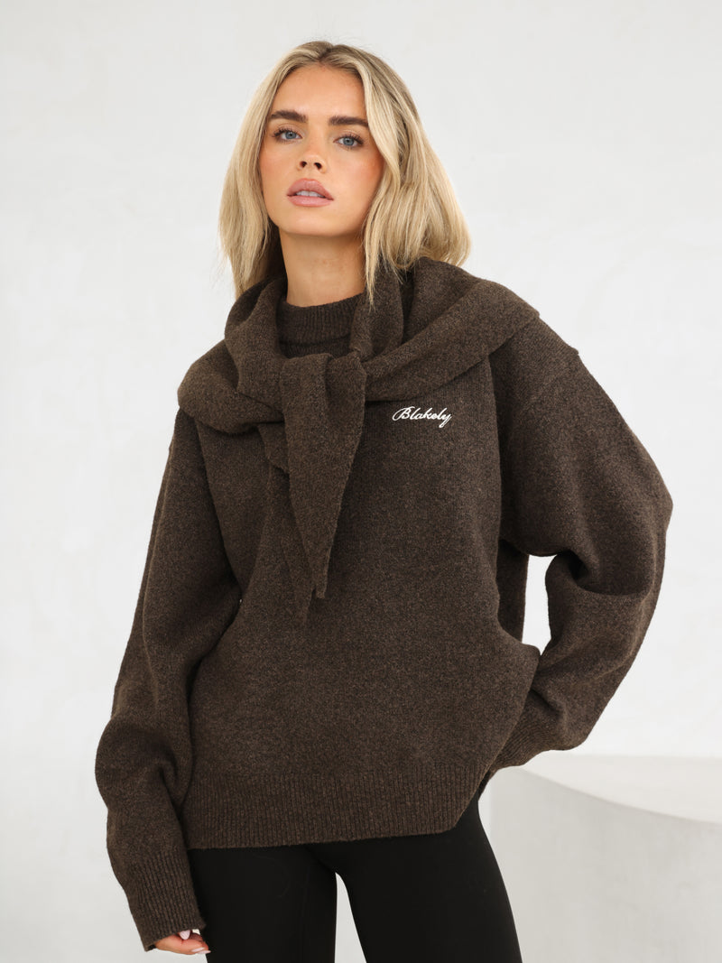 Label Knitted Triangle Scarf - Chocolate Brown
