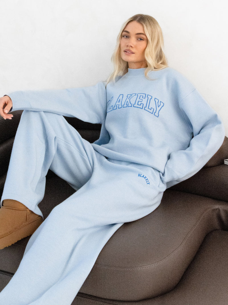 Varsity Knitted Wide Leg Sweatpants - Baby Blue