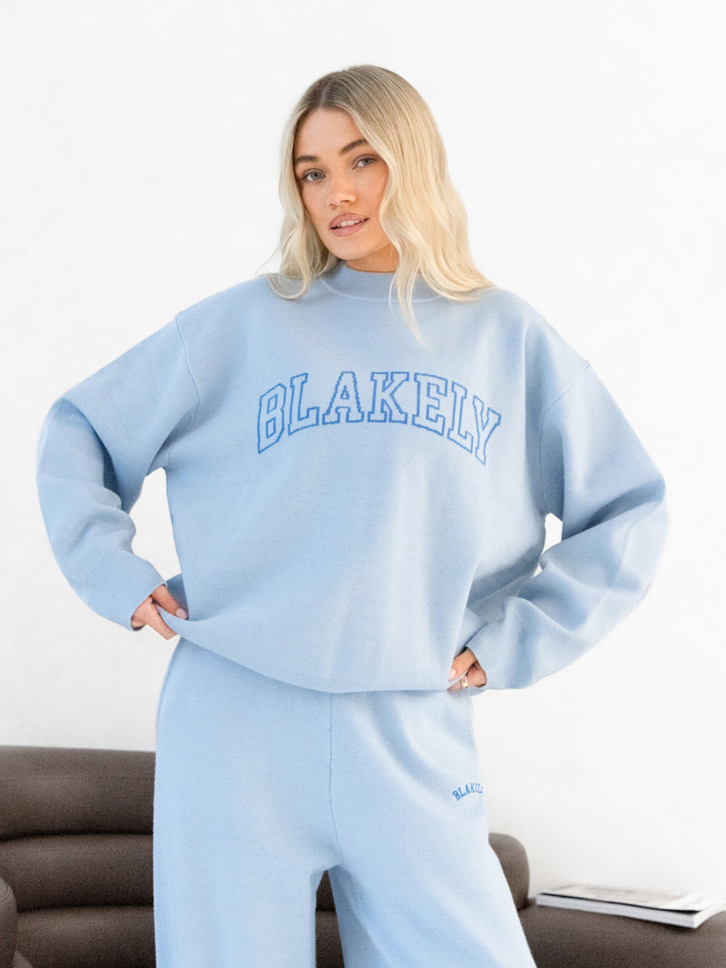 Varsity Oversized Knitted Sweater - Baby Blue