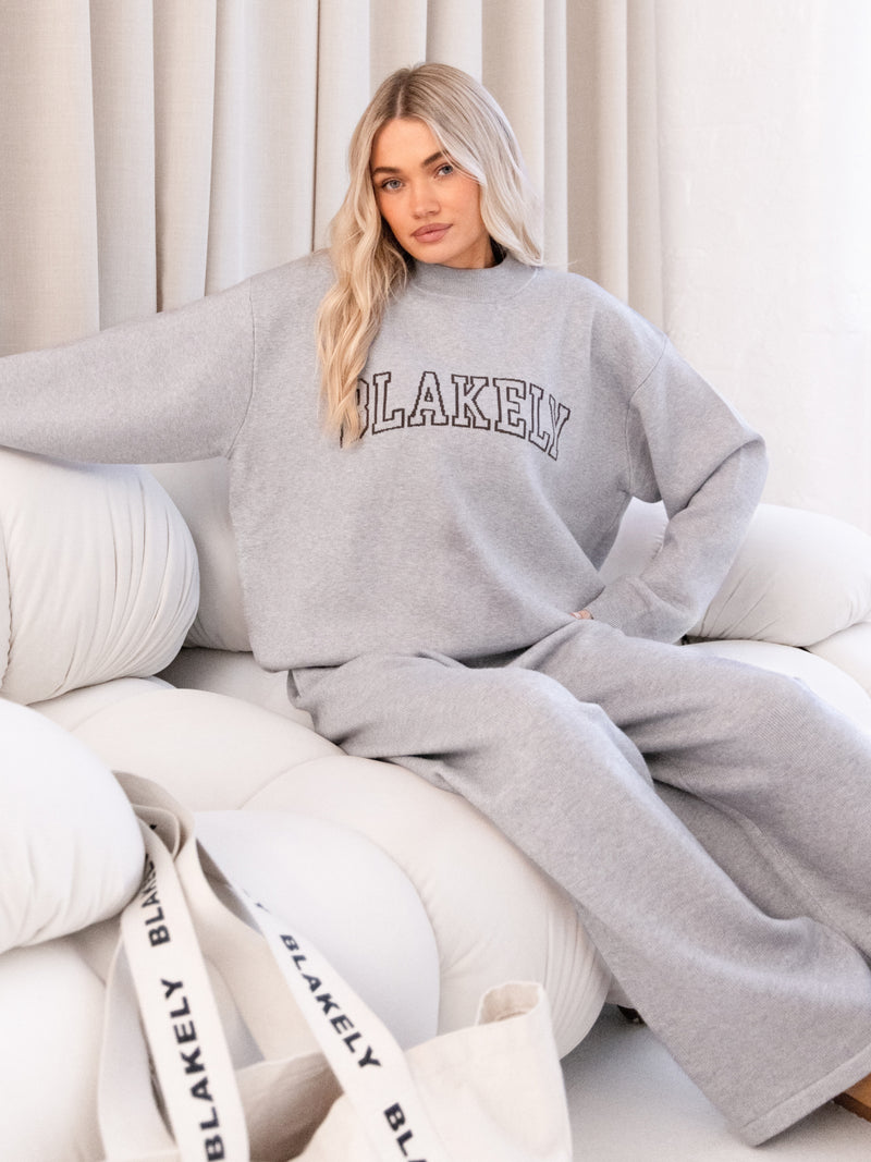 Varsity Knitted Wide Leg Sweatpants - Grey