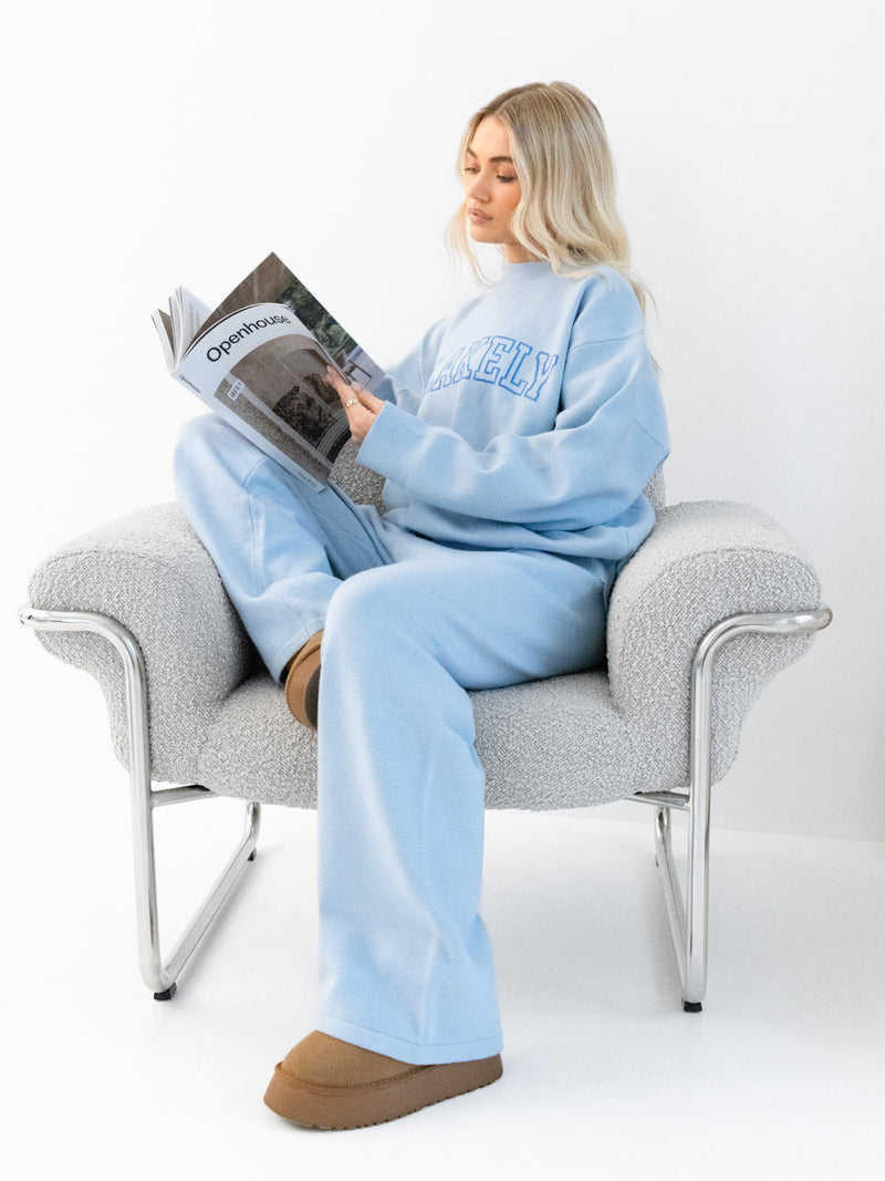 Varsity Knitted Wide Leg Sweatpants - Baby Blue
