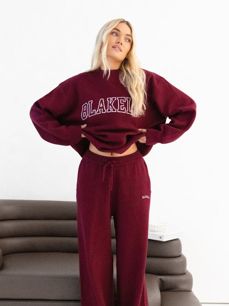 Varsity Knitted Wide Leg Sweatpants - Burgundy