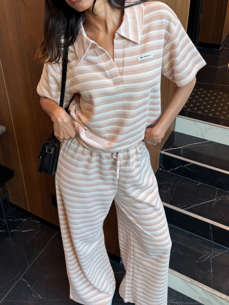 Soft Stripe Waffle Trousers - Peach Stripe