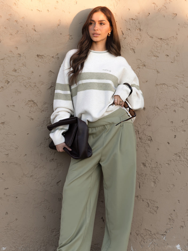 Mindy Stripe Knitted Sweater - Off White & Warm Olive